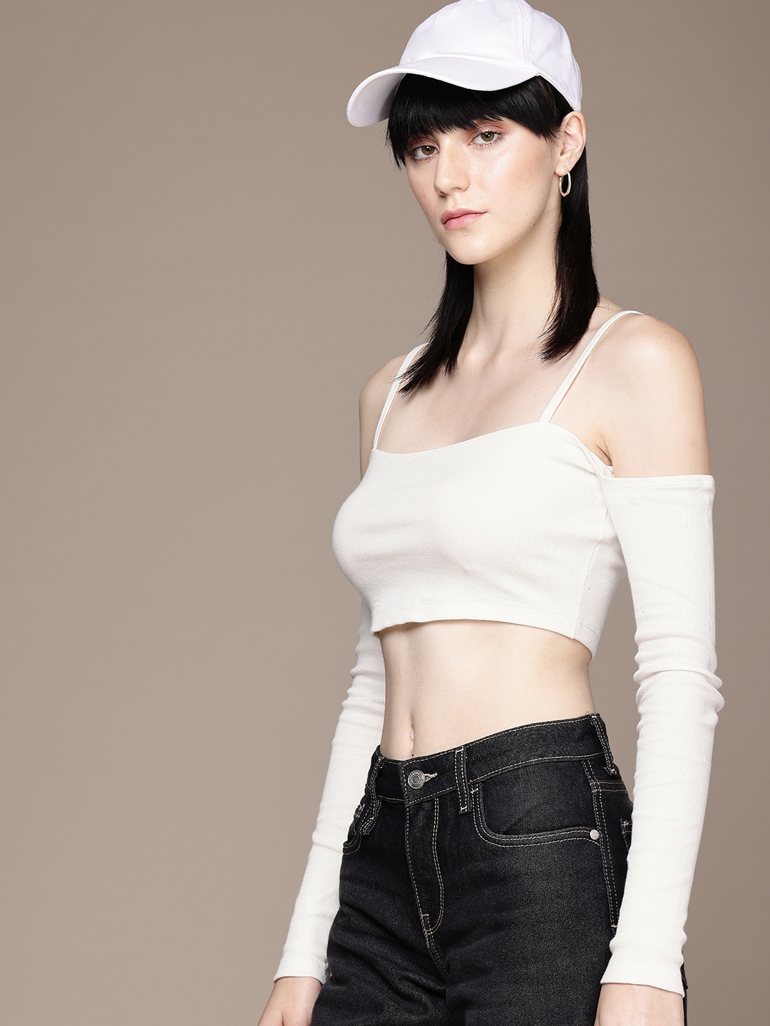 

The Roadster Life Co. Ribbed Shoulder Strap Cold-Shoulder Crop Top, White