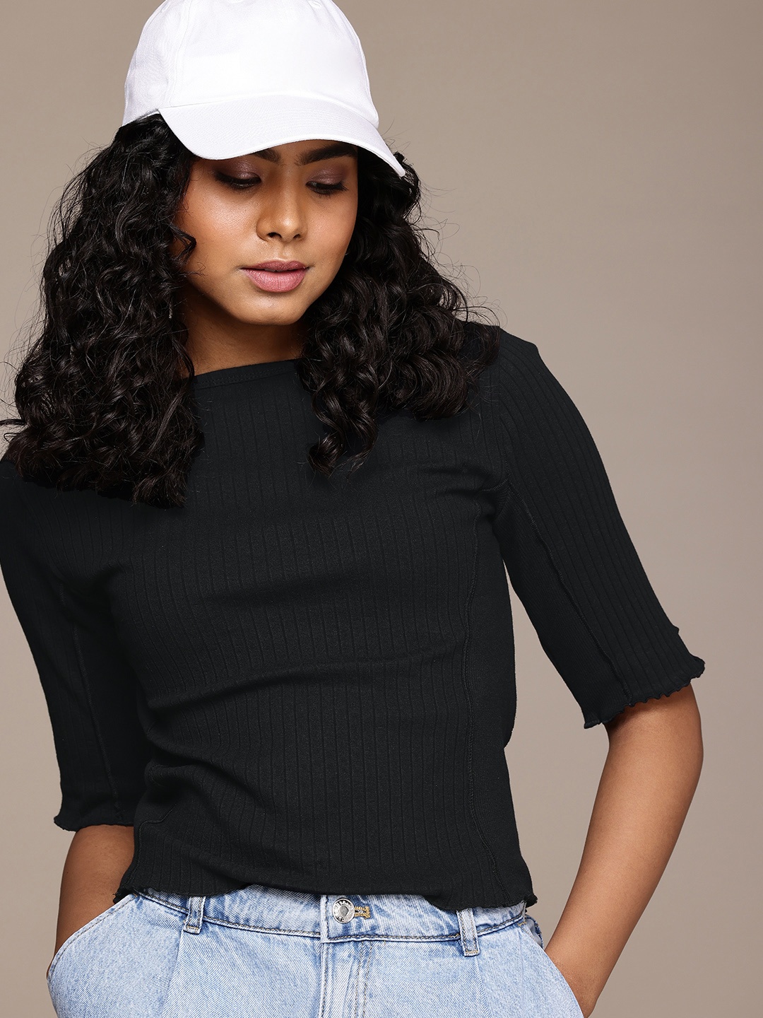 

The Roadster Life Co. Boat Neck Ribbed Casual Top, Black