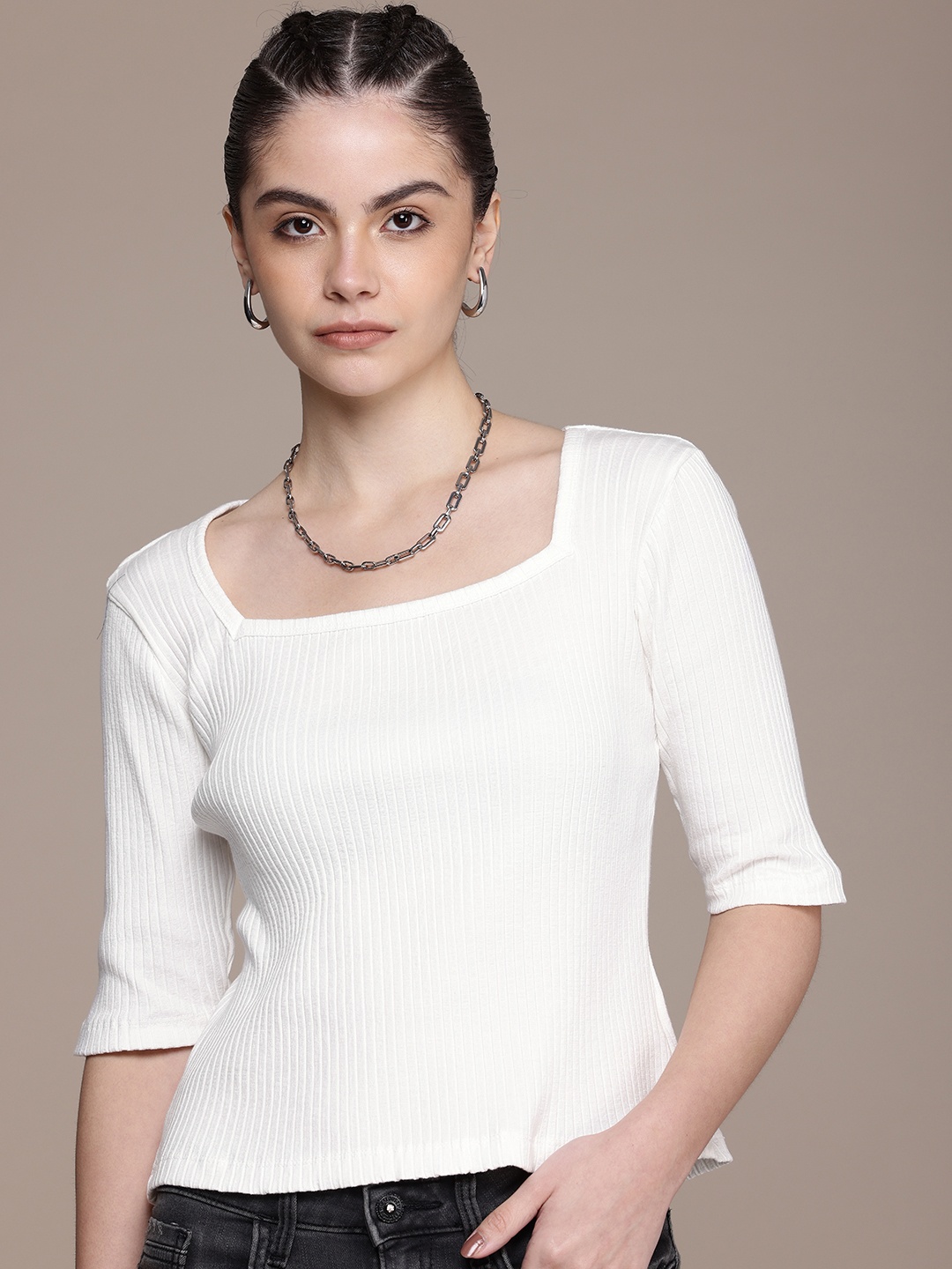 

The Roadster Life Co. Ribbed Square Neck Regular Top, White