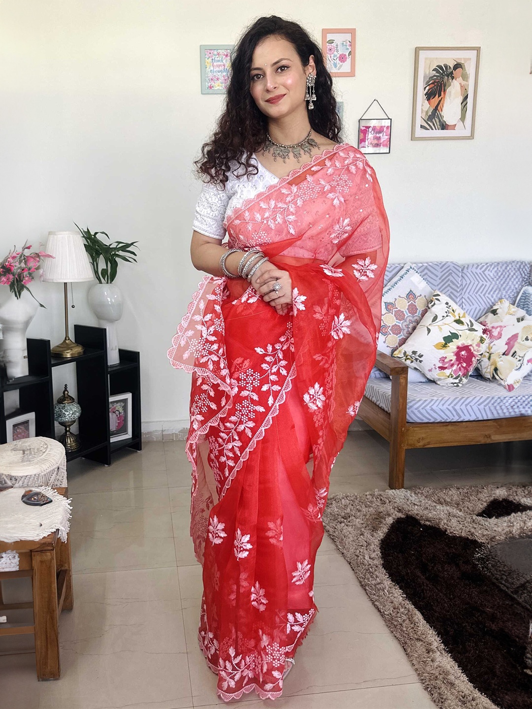 

Mitera Red Floral Embroidered Organza Saree