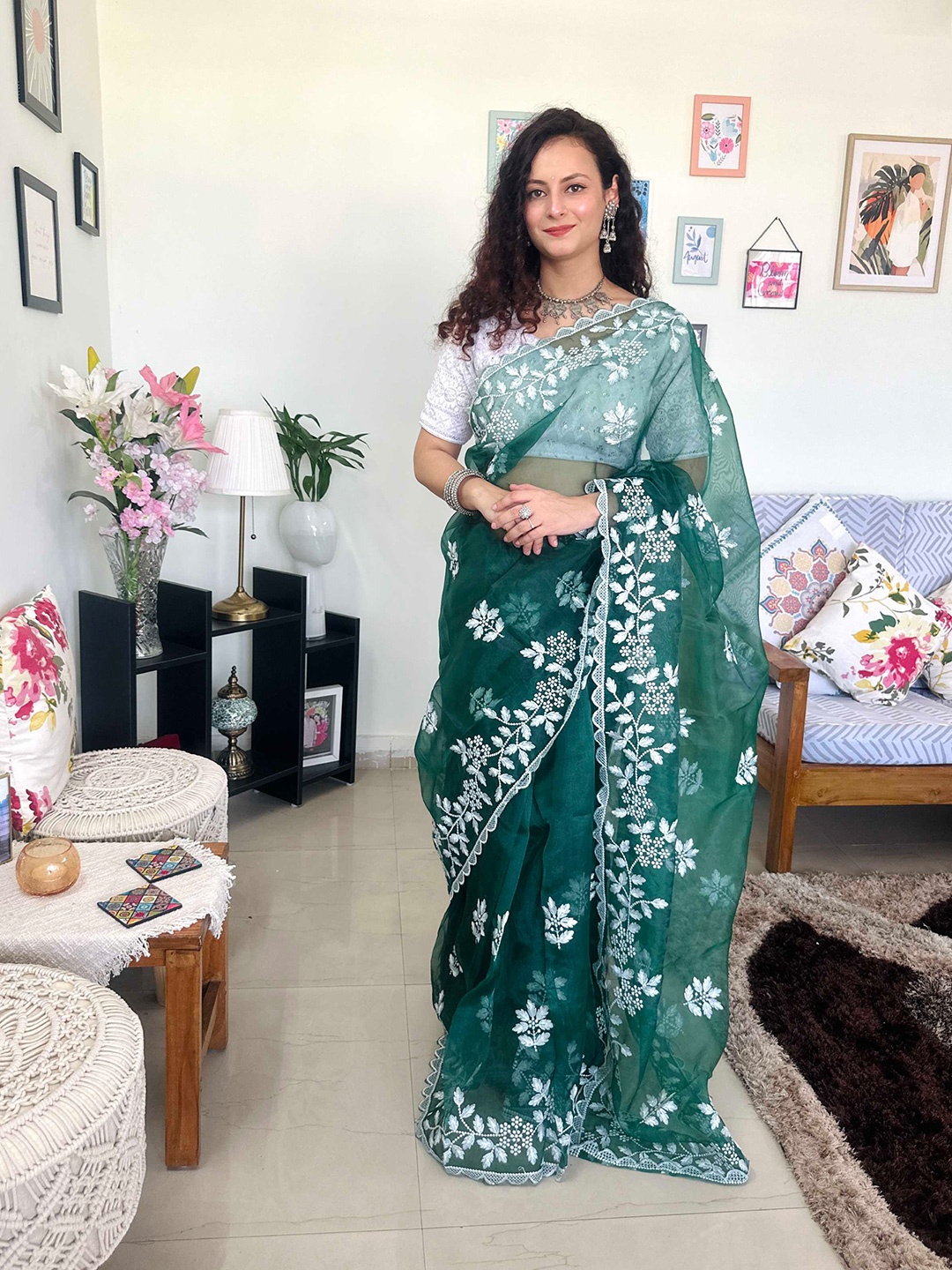 

Mitera Green Floral Embroidered Organza Saree