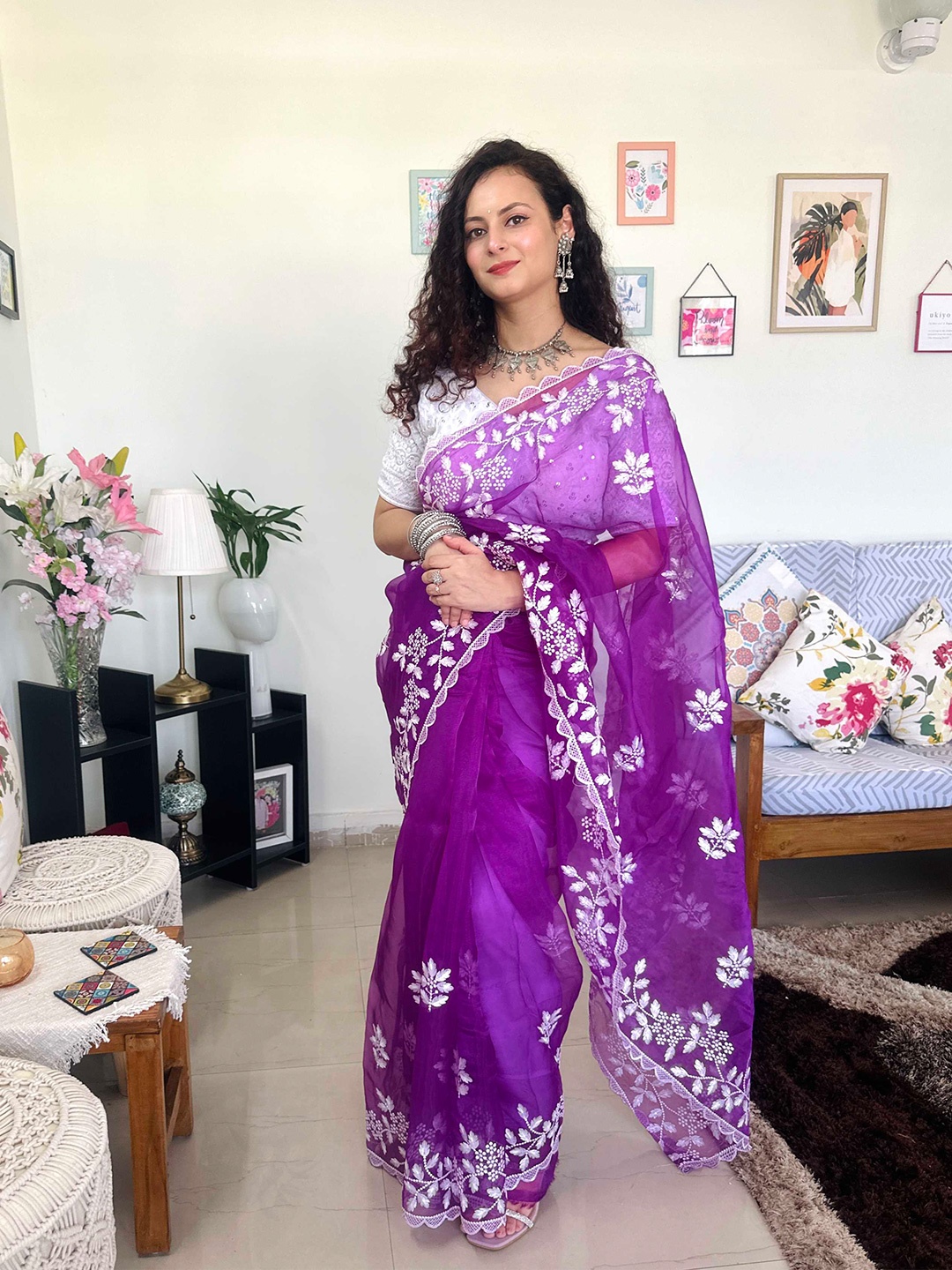 

Mitera Purple & White Floral Embroidered Organza Saree
