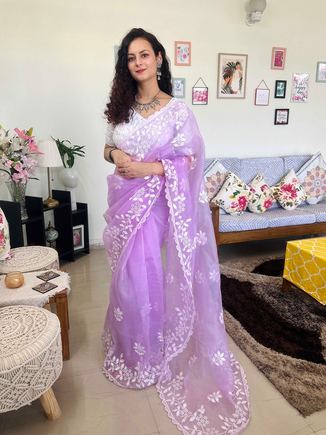 

Mitera Lavender Floral Embroidered Organza Saree