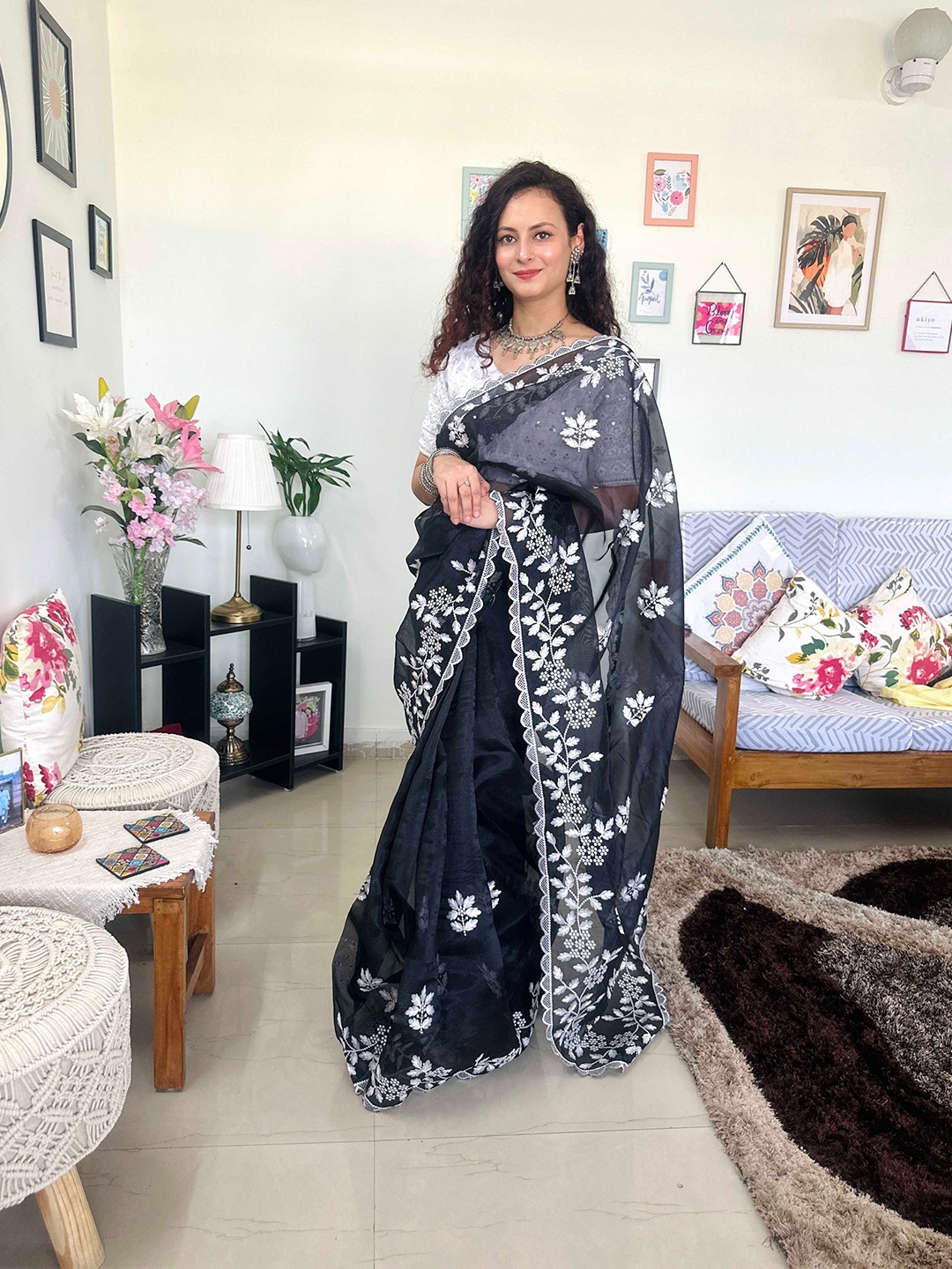 

Mitera Black Floral Embroidered Organza Saree
