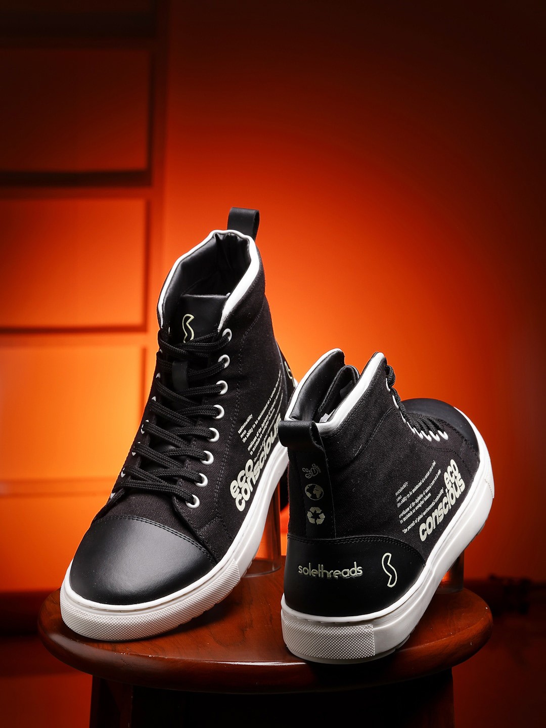 

Solethreads Men Textured Memory Foam Contrast Sole High-Top Canvas Lace-Up Sneakers, Black