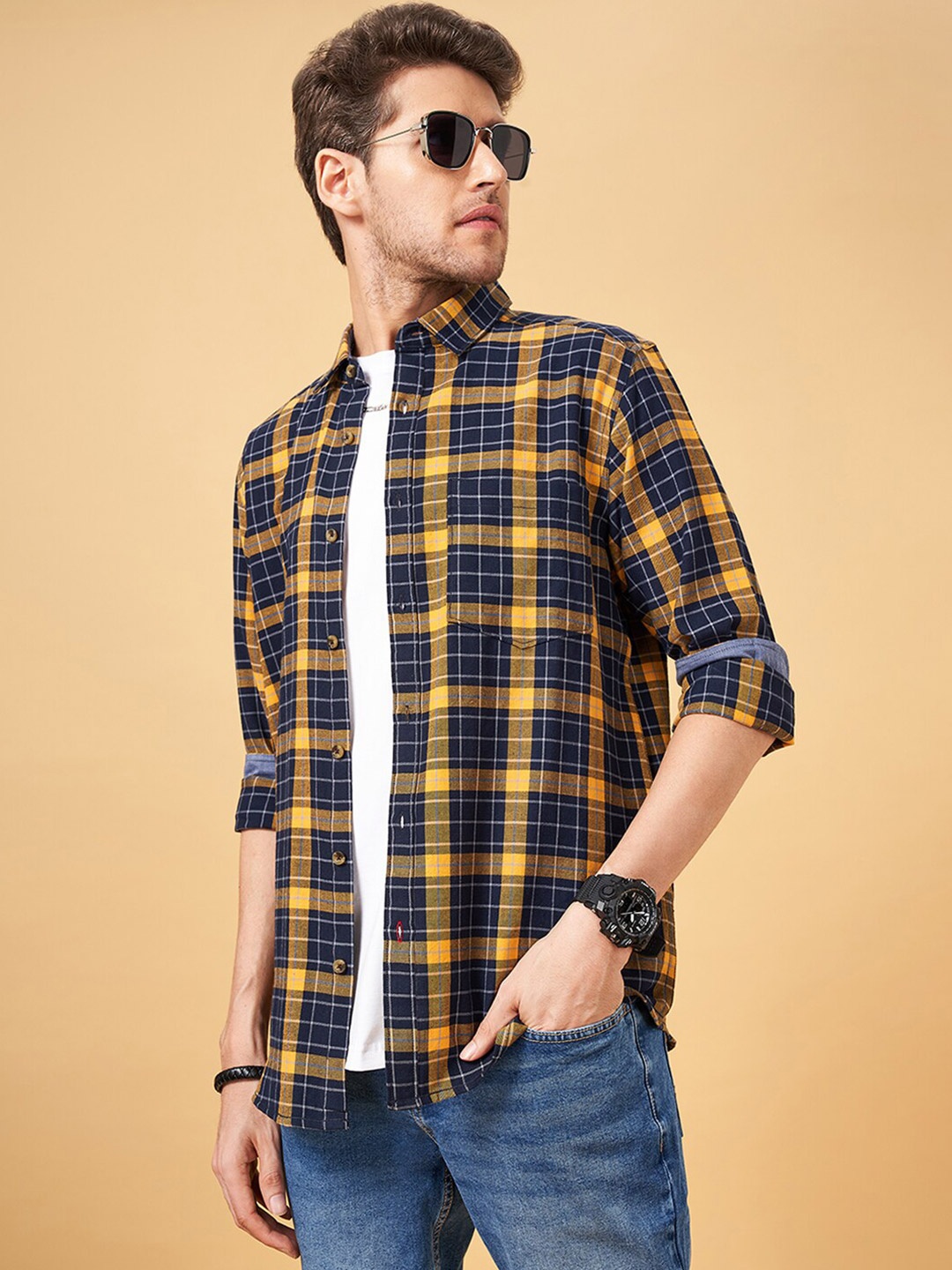 

SF JEANS by Pantaloons Men Slim Fit Tartan Checked Casual Pure Cotton Shirt, Yellow