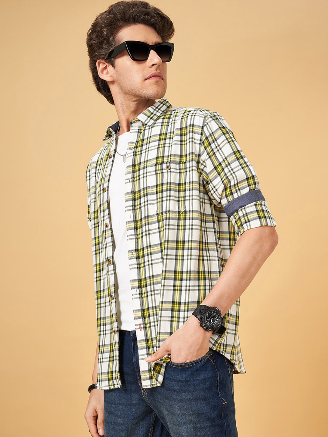 

SF JEANS by Pantaloons Slim Fit Tartan Checked Pure Cotton Shirt, Green