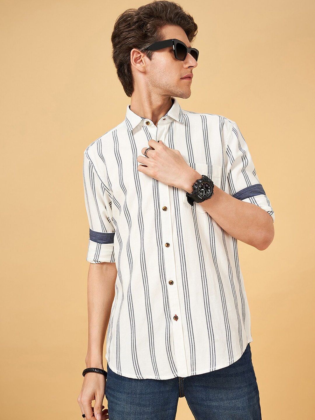

SF JEANS by Pantaloons Slim Fit Vertical Striped Casual Shirt, White