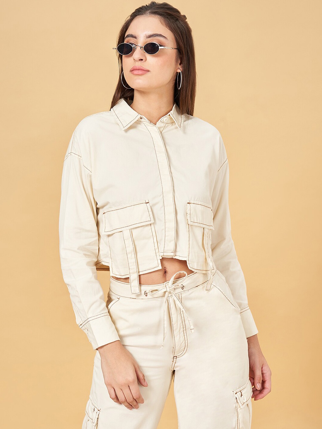 

SF JEANS by Pantaloons Relaxed Fit Pure Cotton Cropped Casual Shirt, Cream