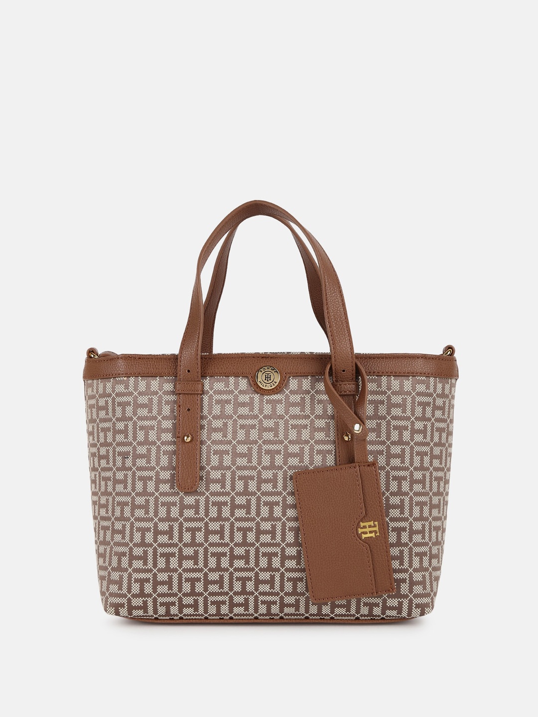 

Tommy Hilfiger Geometric Self Design Structured Handheld Bag With Pouch, Brown