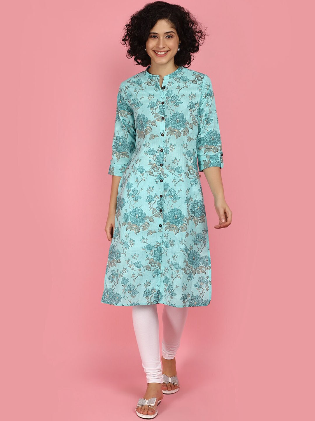 

V-Mart Floral Printed Straight Cotton Kurta, Sea green