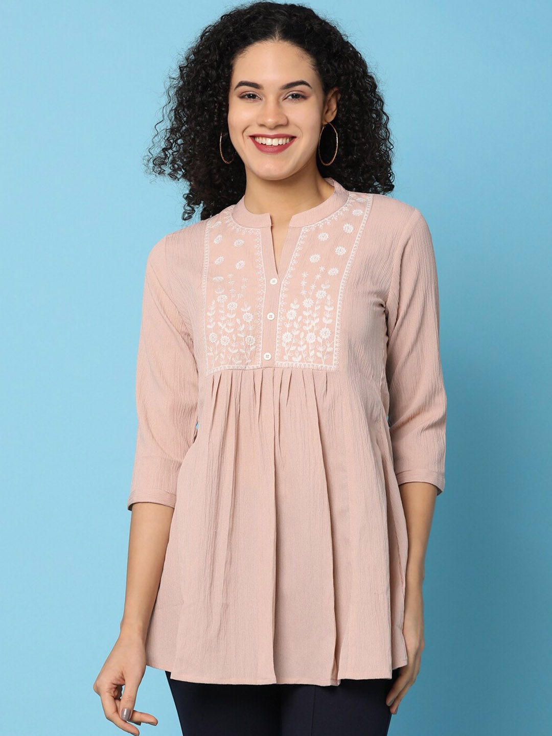 

V-Mart Ethnic Motifs Embroidered A-Line Top, Brown