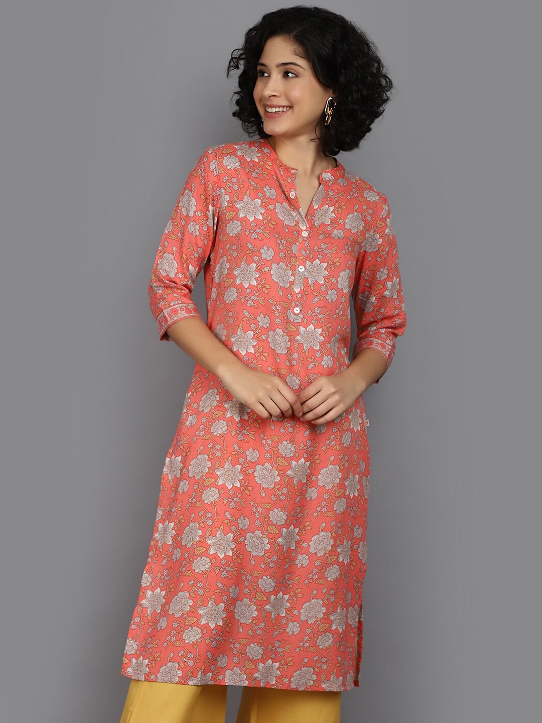 

V-Mart Floral Printed Mandarin Collar Straight Kurta, Coral