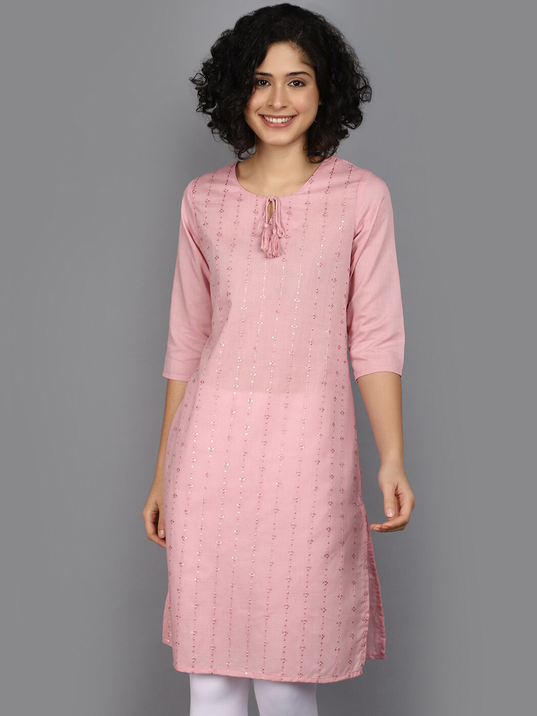 

V-Mart Ethnic Motifs Keyhole Neck Three-Quarter Sleeves Cotton Mirror Work Kurta, Pink