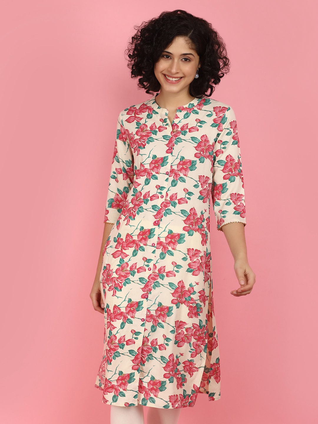 

V-Mart Floral Printed Mandarin Collar Straight Kurta, Off white