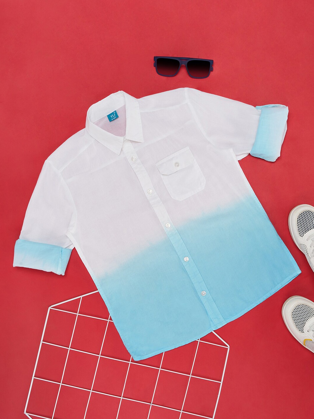 

YU by Pantaloons Boys Ombre Spread Collar Roll Up Sleeves Pure Cotton Casual Shirt, Blue