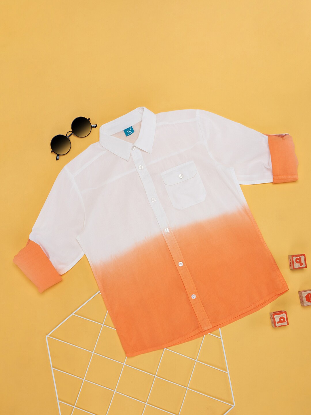 

YU by Pantaloons Boys Ombre Spread Collar Roll Up Sleeves Pure Cotton Casual Shirt, Orange