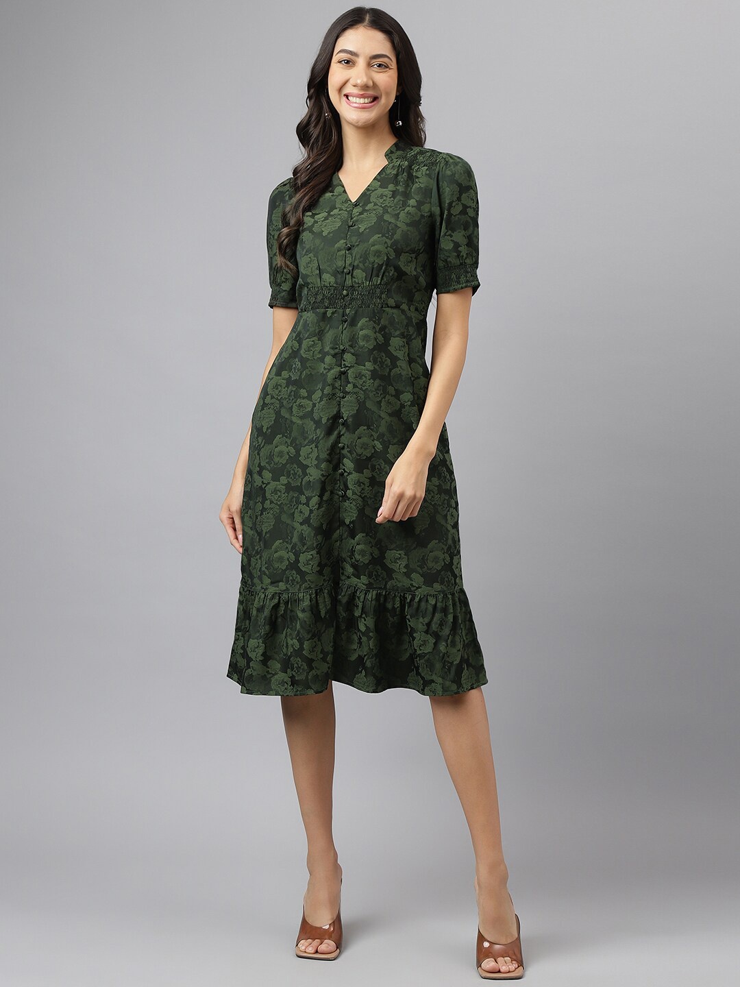 

Latin Quarters Floral Printed V-Neck Short Sleeves A-Line Dress, Green