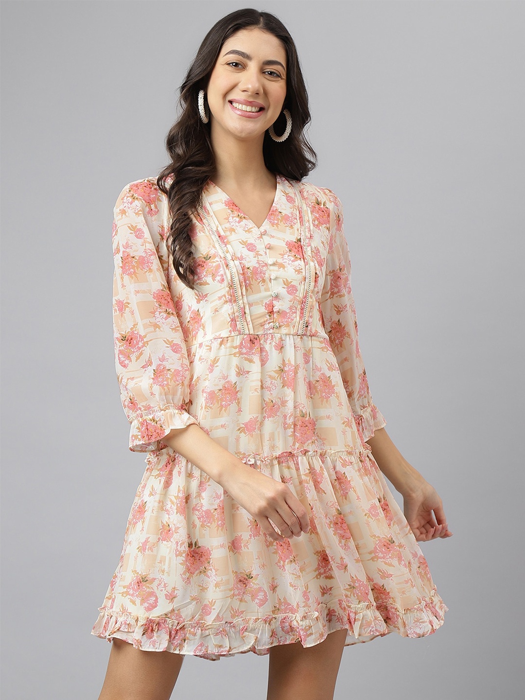 

Latin Quarters Floral Printed V-Neck Puff Sleeves Fit & Flare Dress, Peach