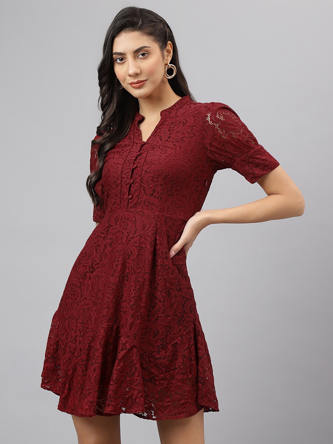 

Latin Quarters Mandarin Collar Short Sleeves Fit & Flare Dress, Maroon