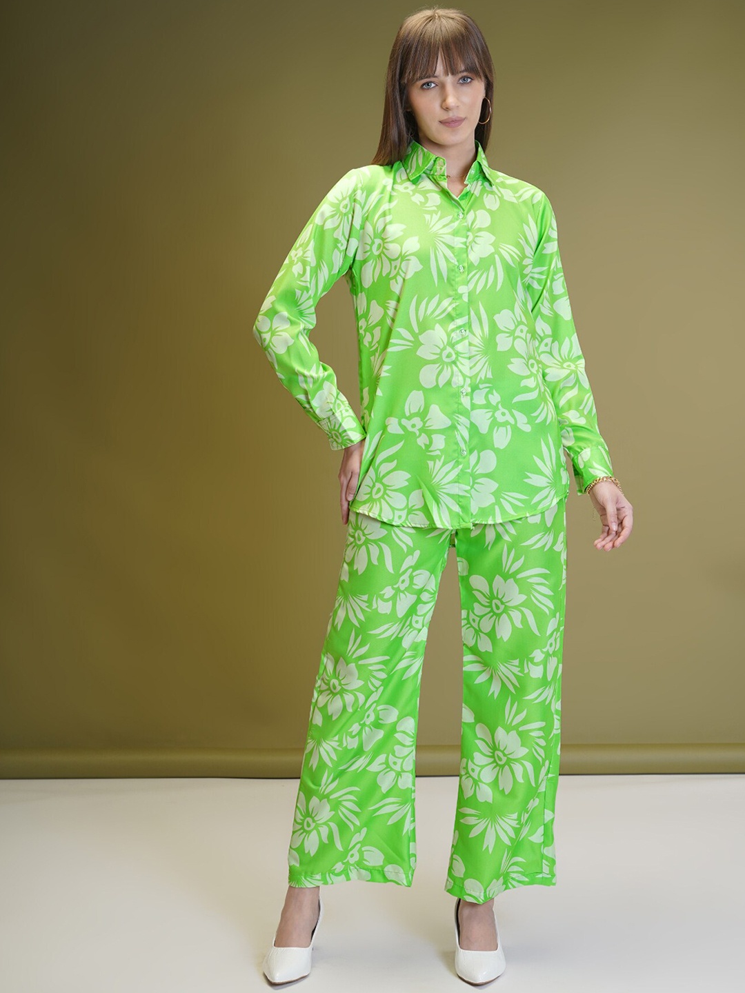

WESTHOOD Floral Printed Pure Cotton Shirt With Trousers, Fluorescent green