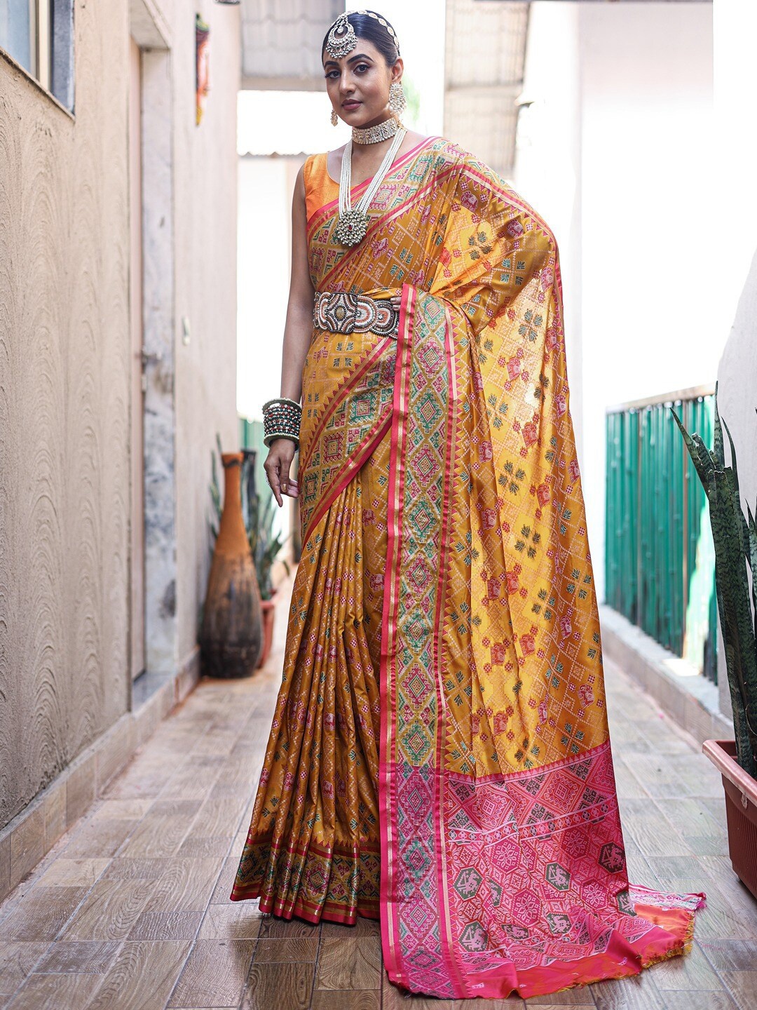 

SGF11 Ethnic Motifs Woven Design Schiffli Patola Saree, Yellow