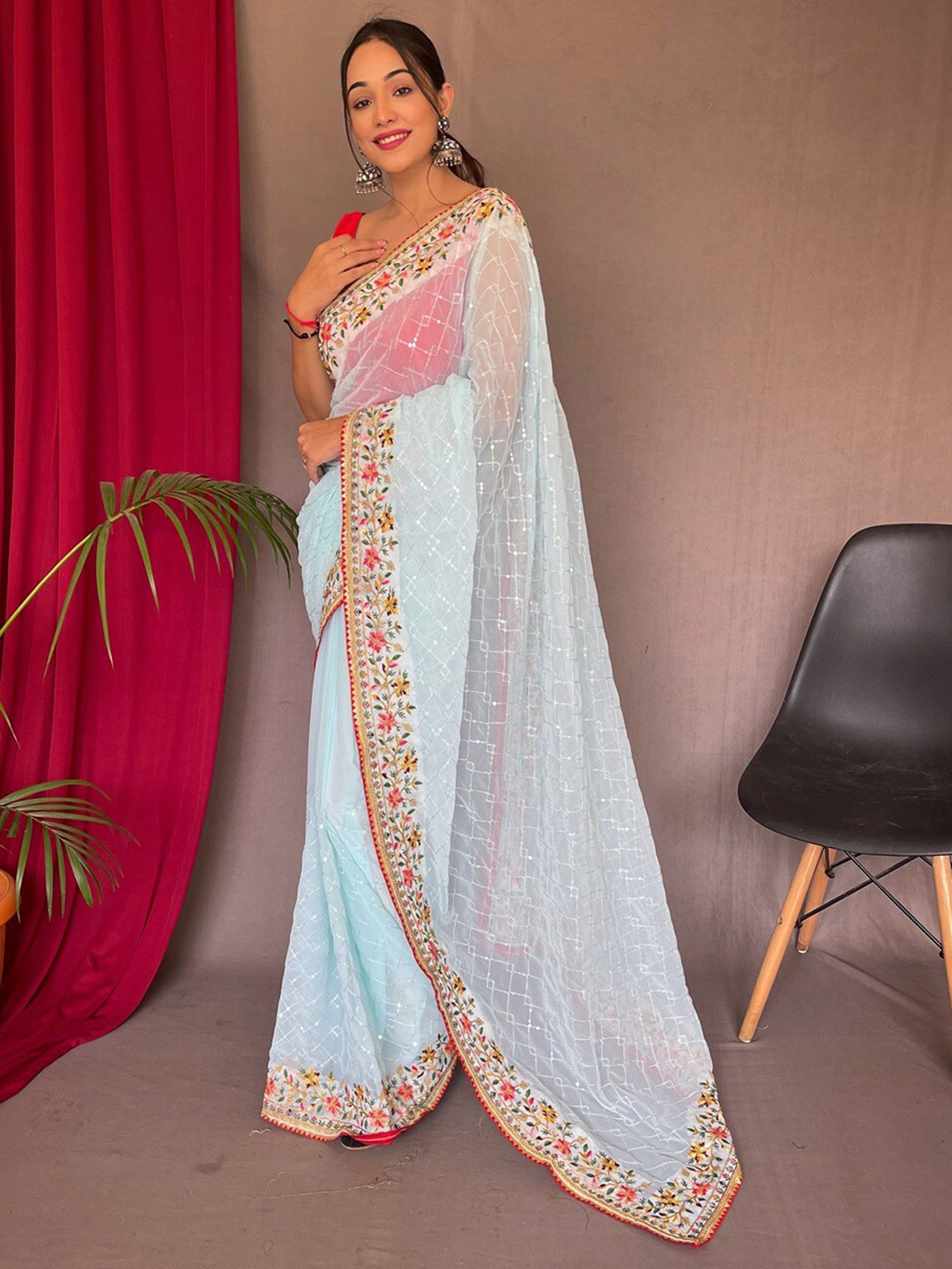 

SGF11 Embroidered Sequinned Silk Cotton Heavy Work Saree, Blue