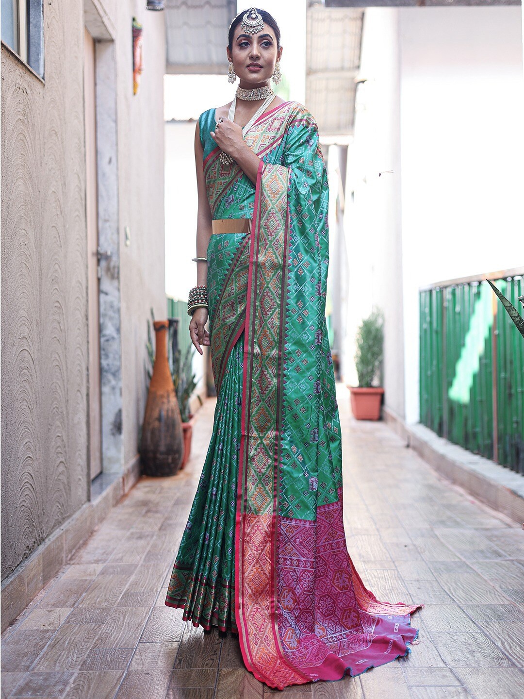 

SGF11 Ethnic Motifs Woven Design Zari Patola Saree, Green