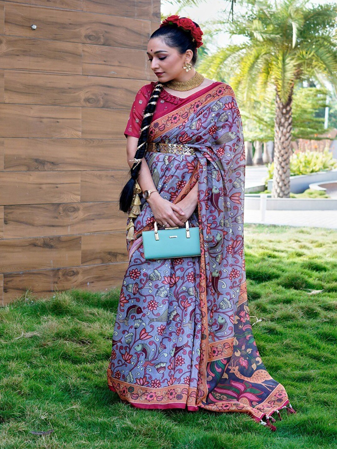 

SGF11 Floral Printed Silk Cotton Jamdani Saree, Blue