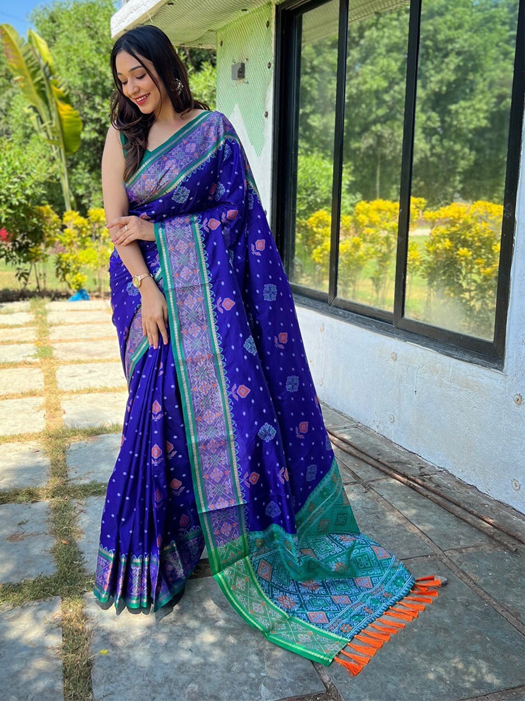 

SGF11 Ethnic Motifs Woven Design Zari Patola Saree, Blue