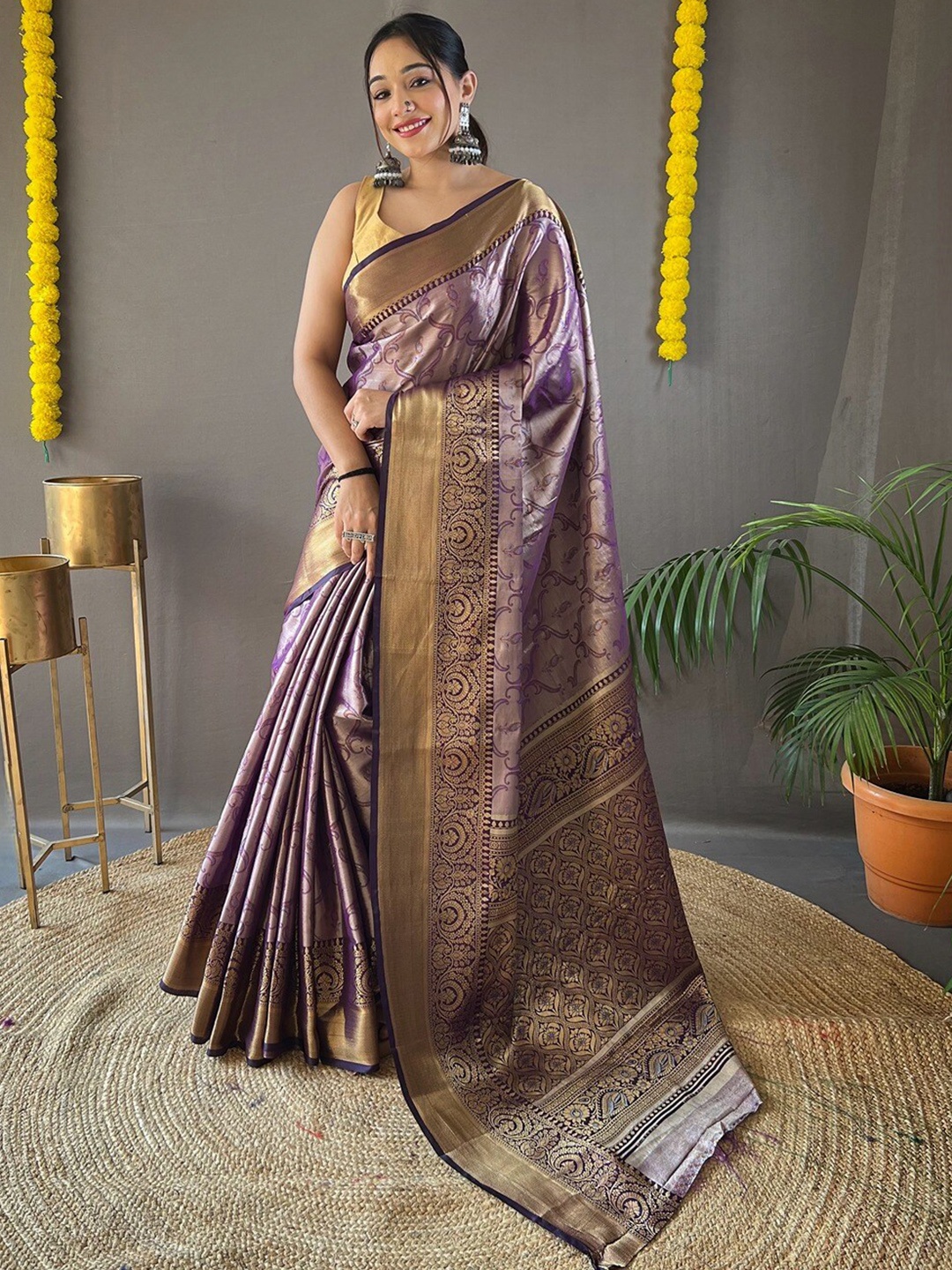 

SGF11 Ethnic Motifs Woven Design Zari Art Silk Kanjeevaram Saree, Purple