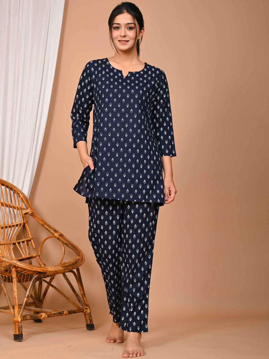 

Bhoolft Printed Cotton Night suit, Navy blue