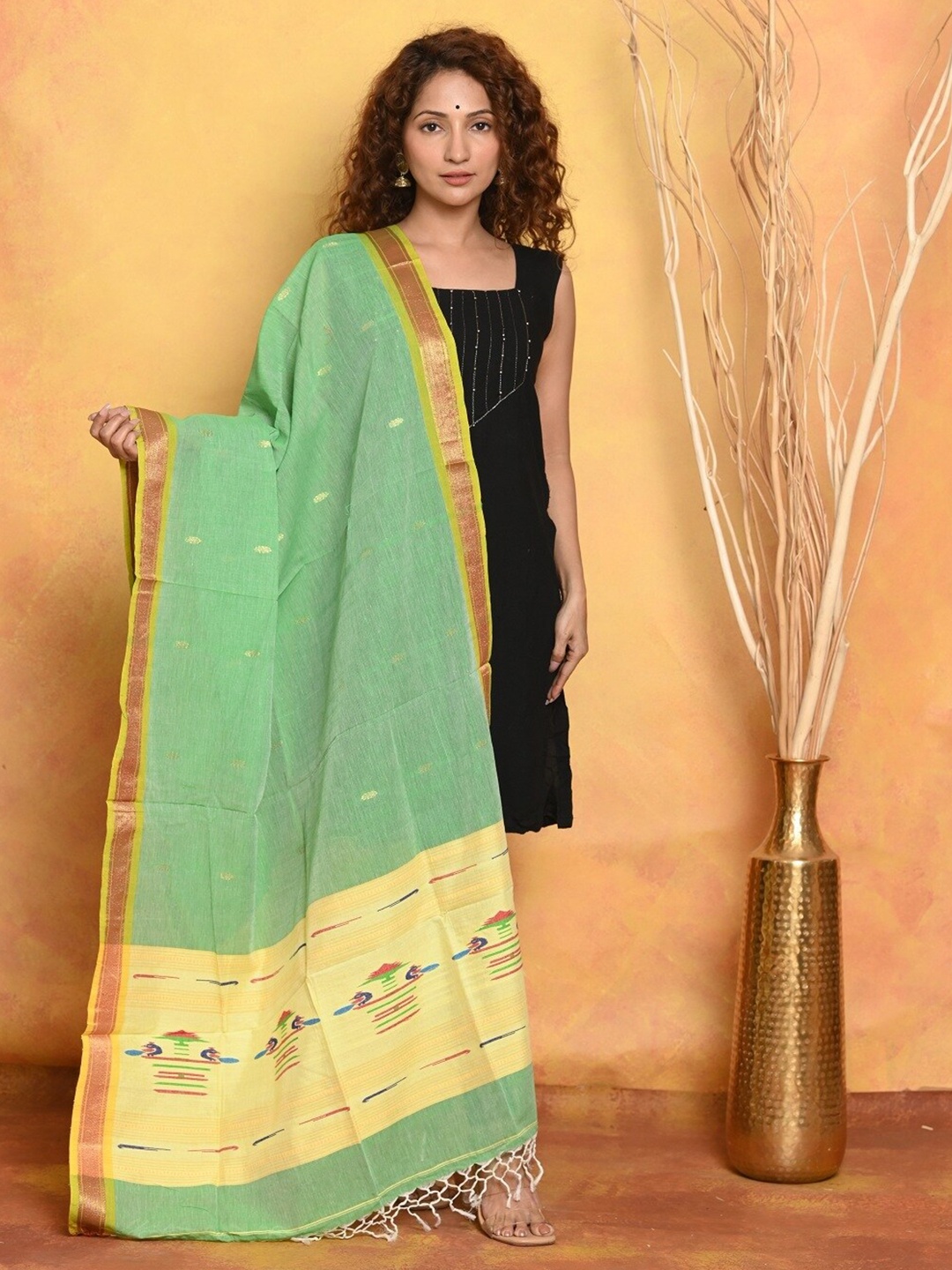 

Very Much Indian Ethnic Motifs Woven Design Pure Cotton Dupatta, Green