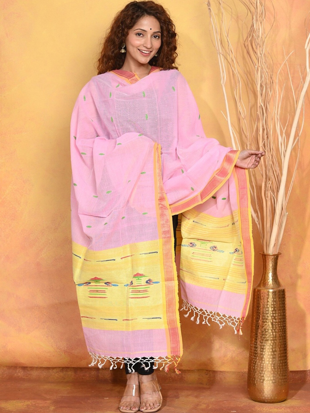 

Very Much Indian Ethnic Motifs Woven Design Pure Cotton Dupatta, Pink