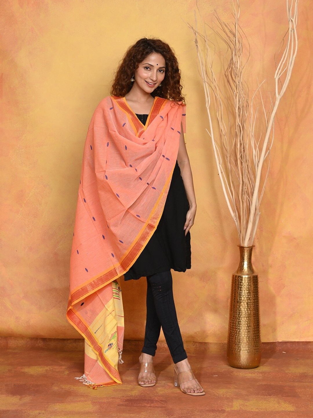 

Very Much Indian Ethnic Motifs Woven Design Pure Cotton Dupatta, Orange