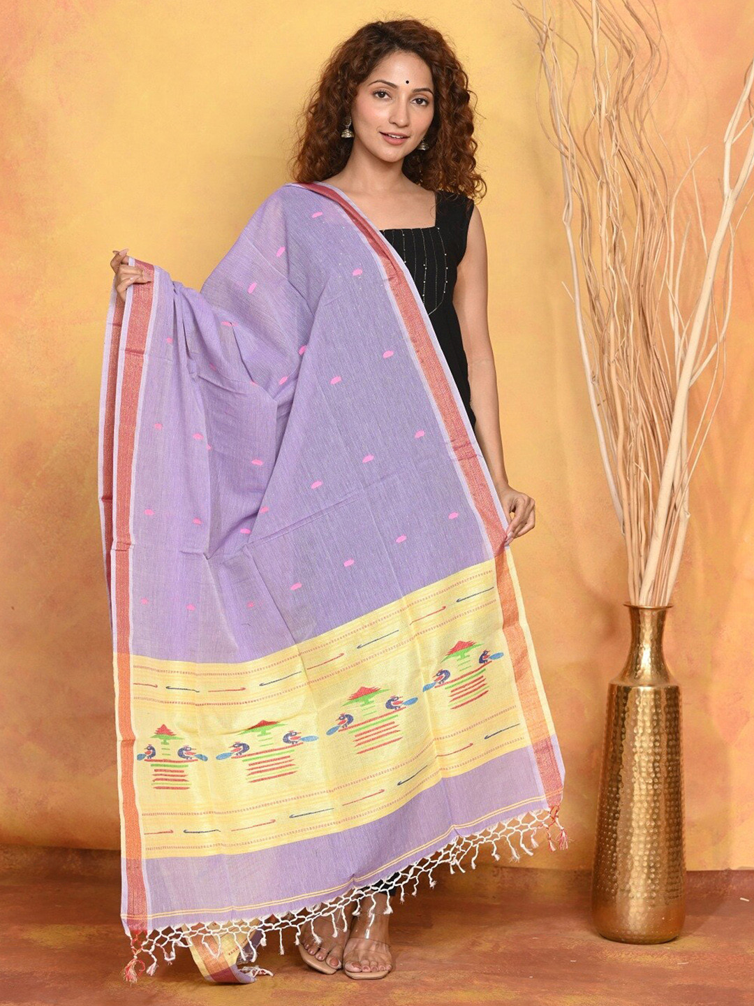 

Very Much Indian Ethnic Motifs Woven Design Pure Cotton Dupatta, Lavender