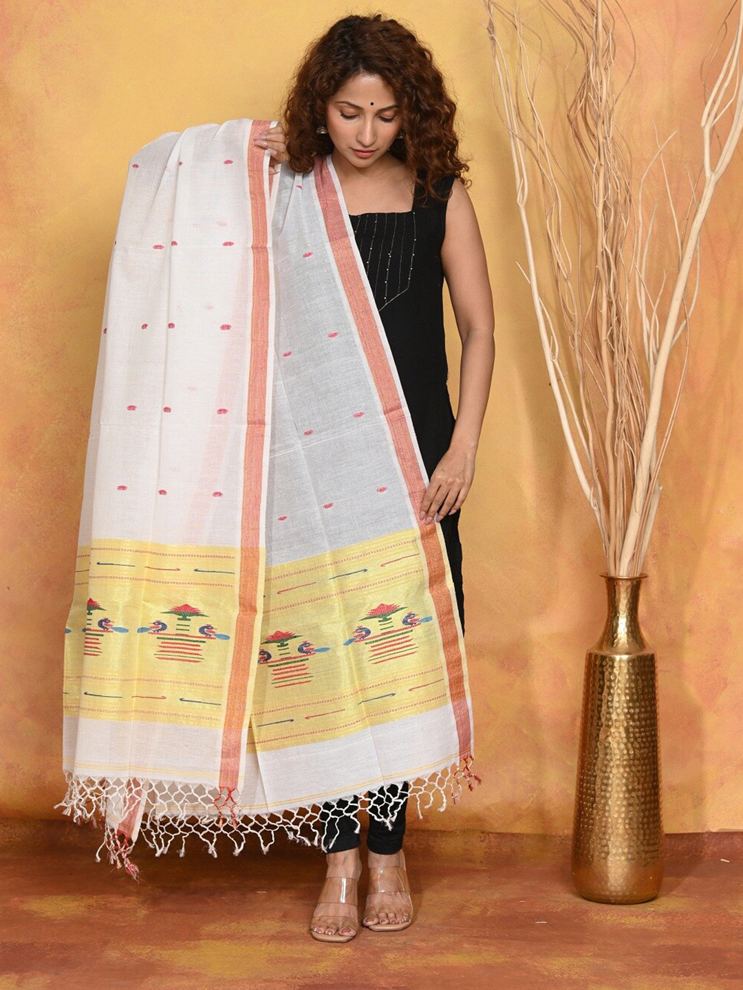 

Very Much Indian Ethnic Motifs Woven Design Pure Cotton Dupatta, White