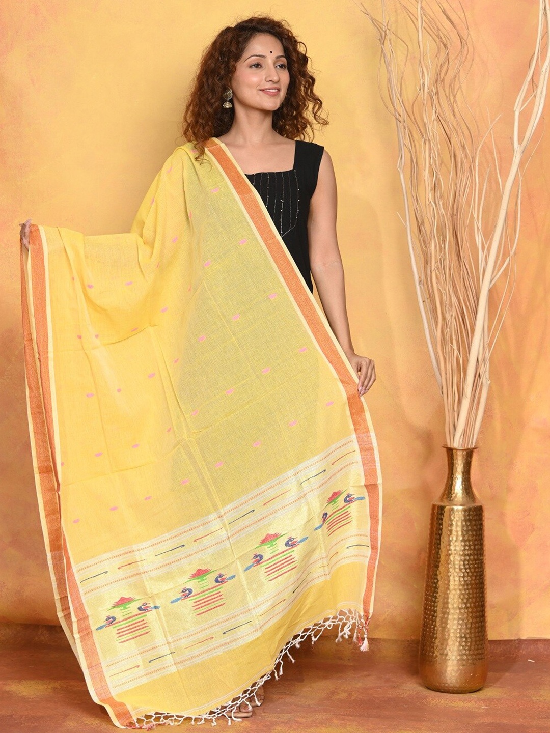 

Very Much Indian Ethnic Motifs Woven Design Pure Cotton Dupatta, Yellow