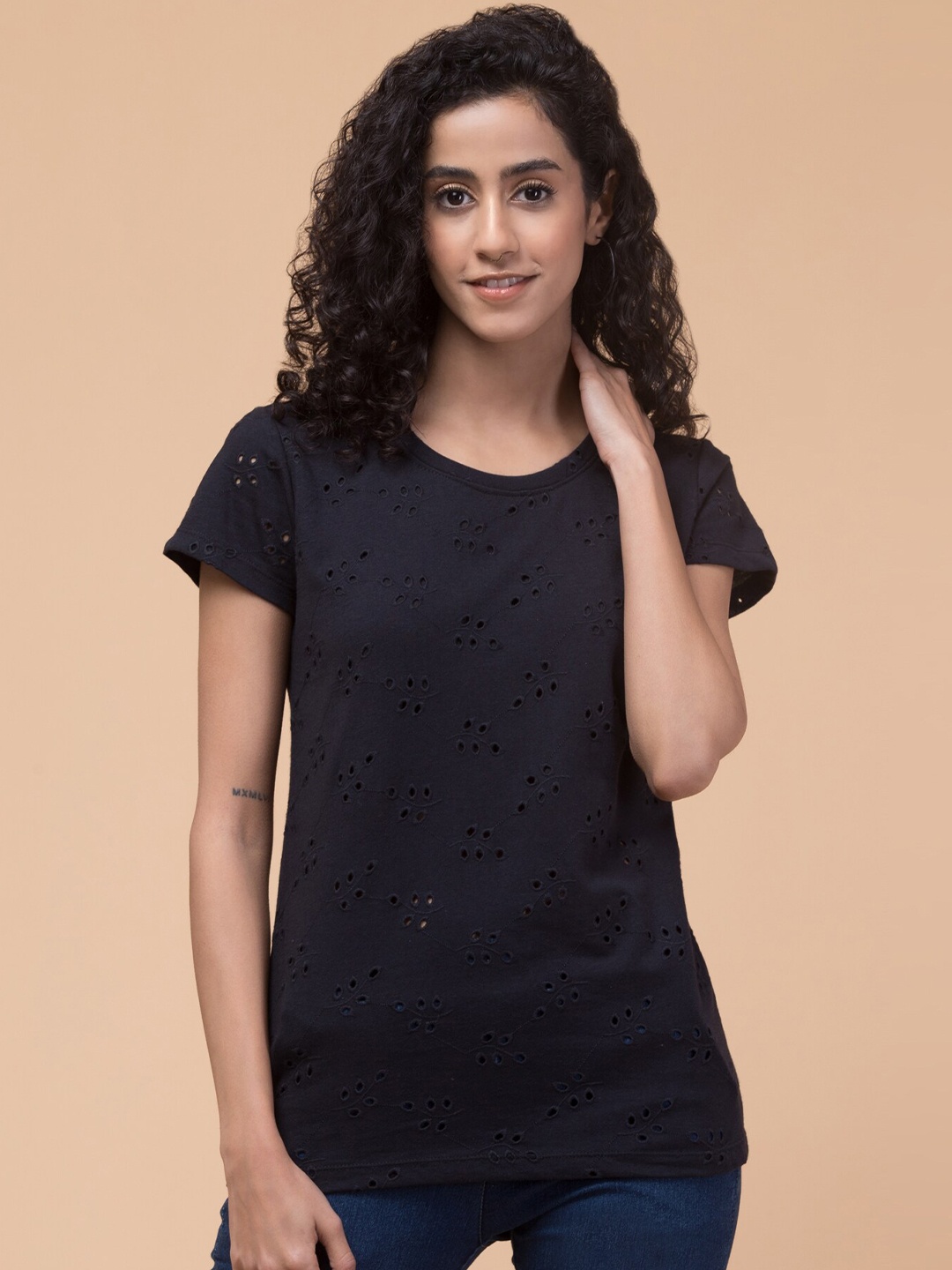 

BAESD Floral Self Design Cotton Relaxed Fit T-shirt, Black