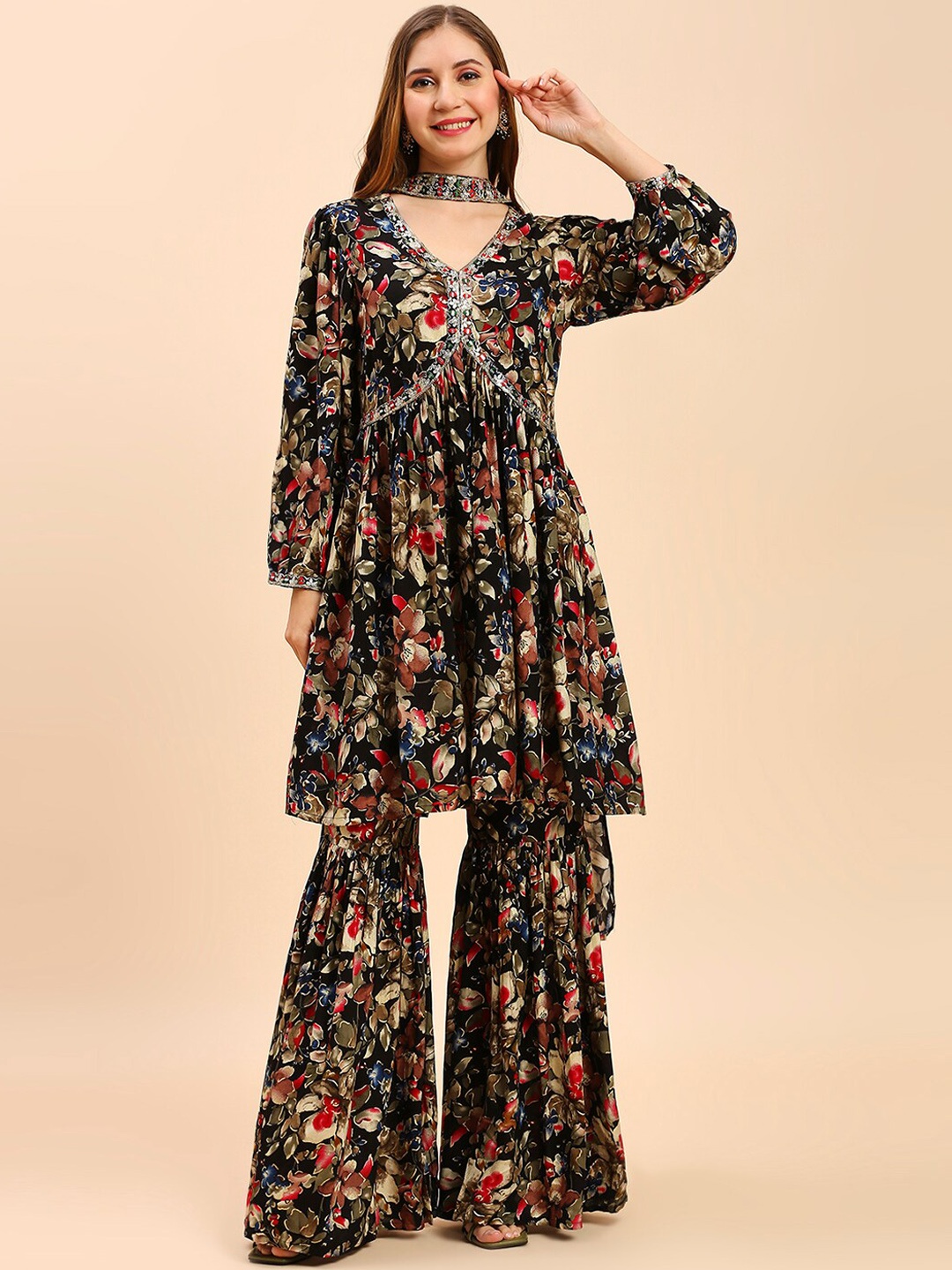 

MADHURAM Ethnic Motifs Printed Angrakha Beads and Stones Top with Sharara & With Dupatta, Black