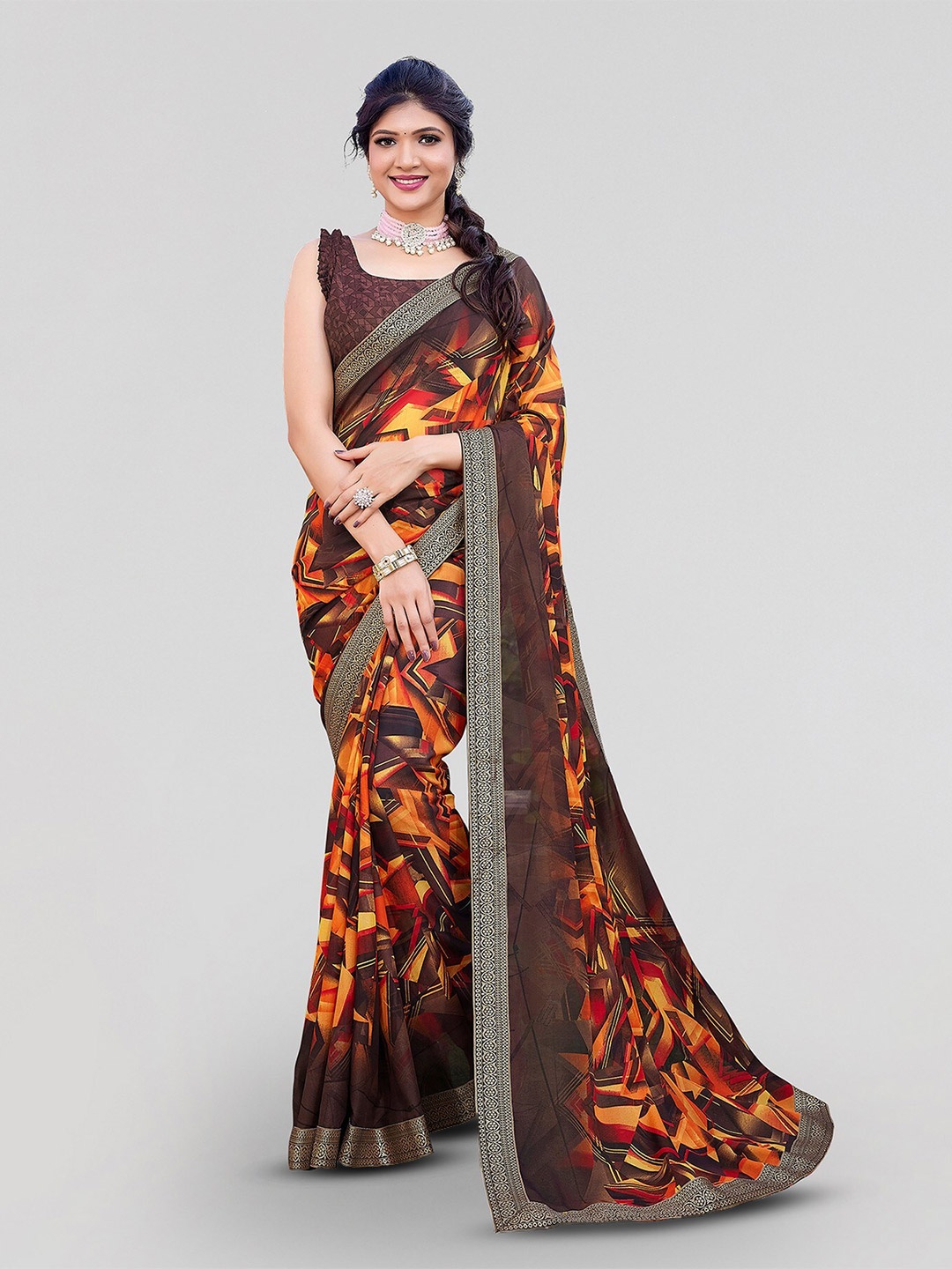 

Yashika Abstract Printed Zari Saree, Brown