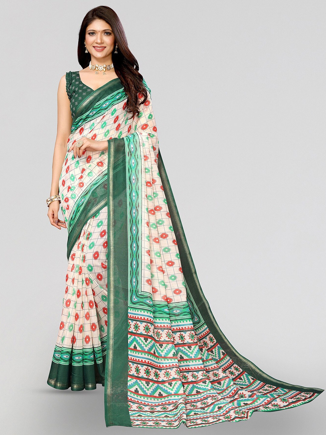 

Yashika Floral Linen Blend Mysore Silk Saree, Green