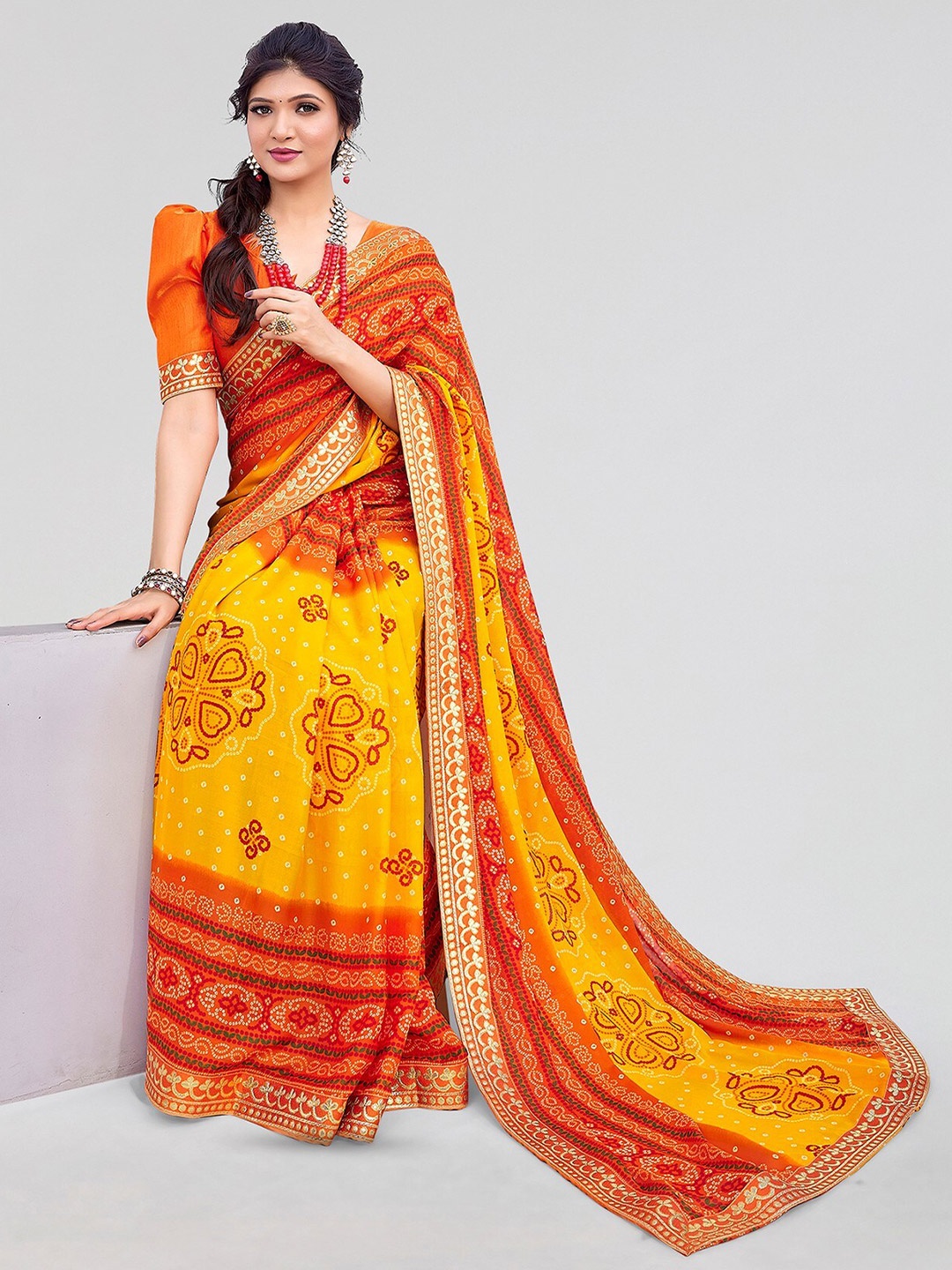 

Yashika Bandhani Printed Embroidered Bandhani Saree, Orange