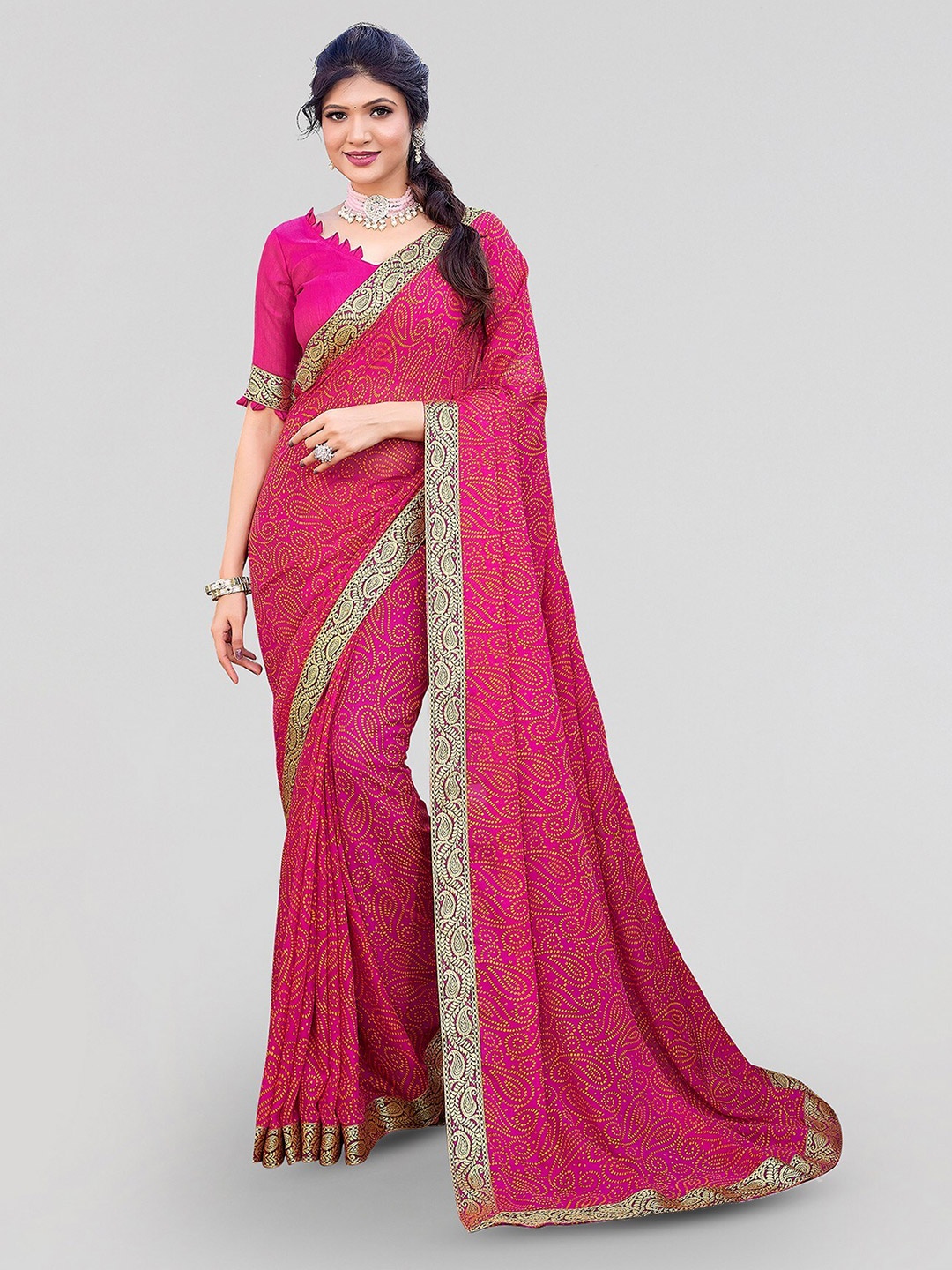 

Yashika Printed Bandhani Saree, Pink