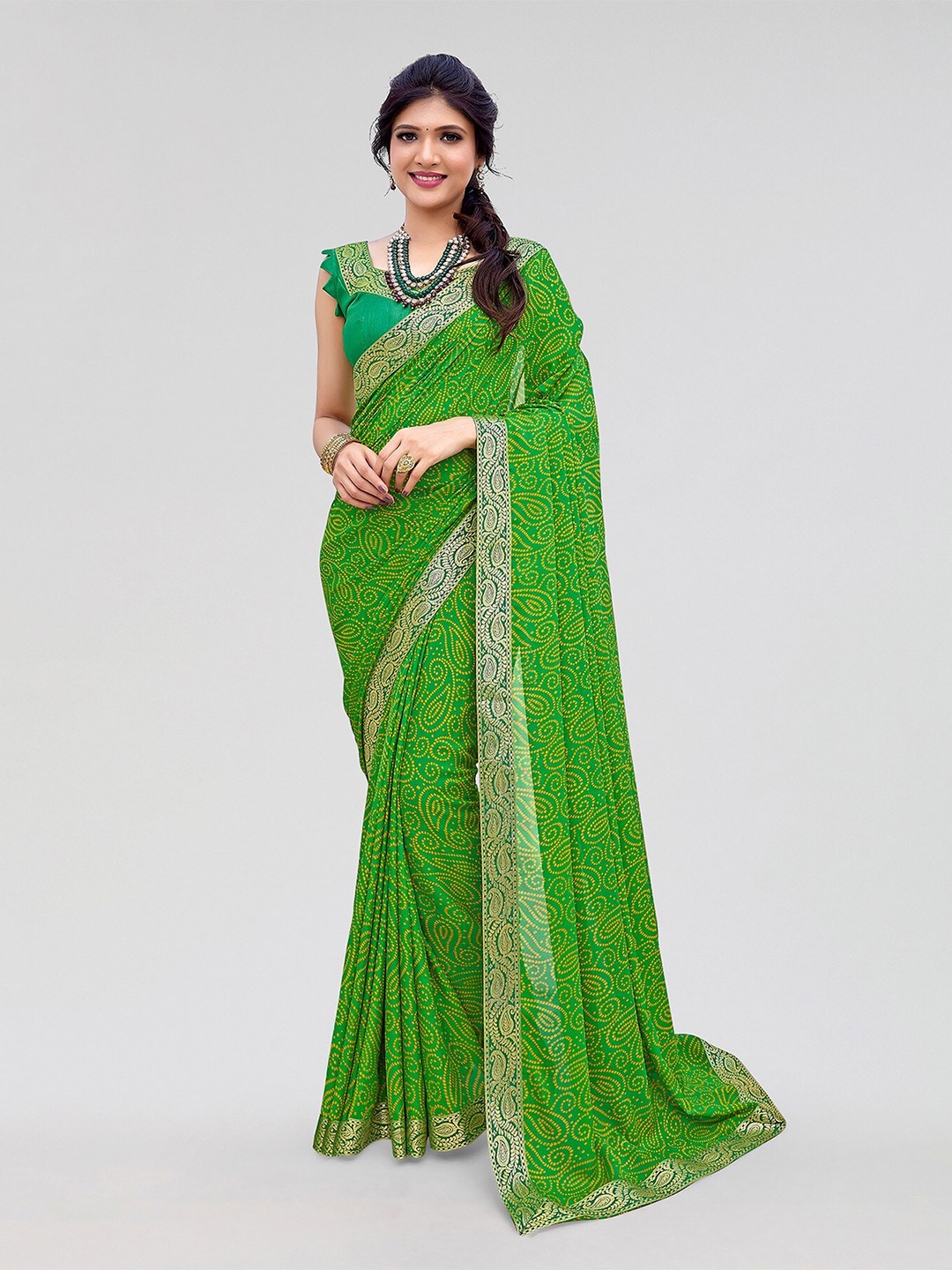 

Yashika Bandhani Printed Zari Georgette Saree, Green