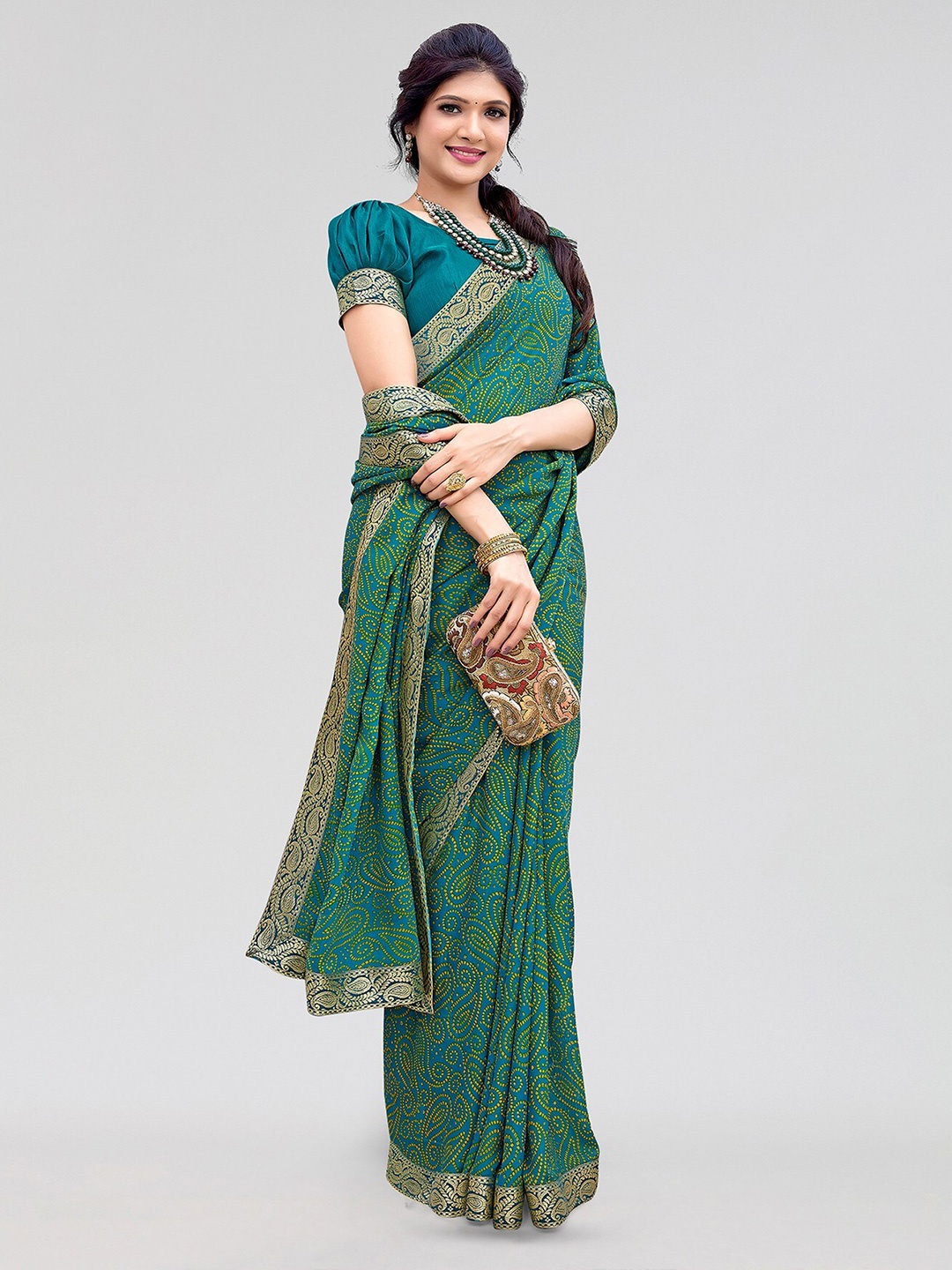 

Yashika Bandhani Printed Zari Bandhani Saree, Teal