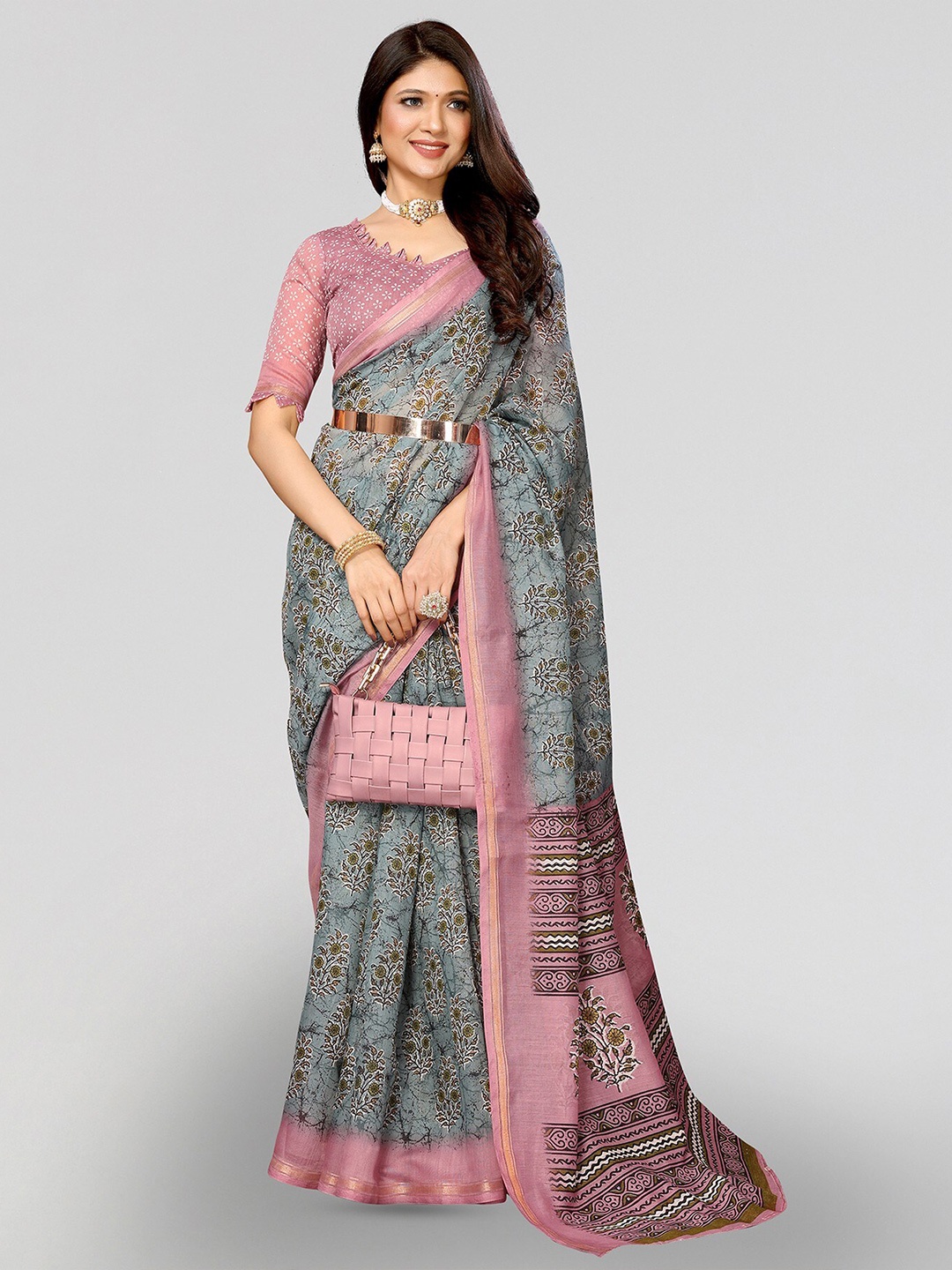 

Yashika Floral Printed Zari Saree, Grey