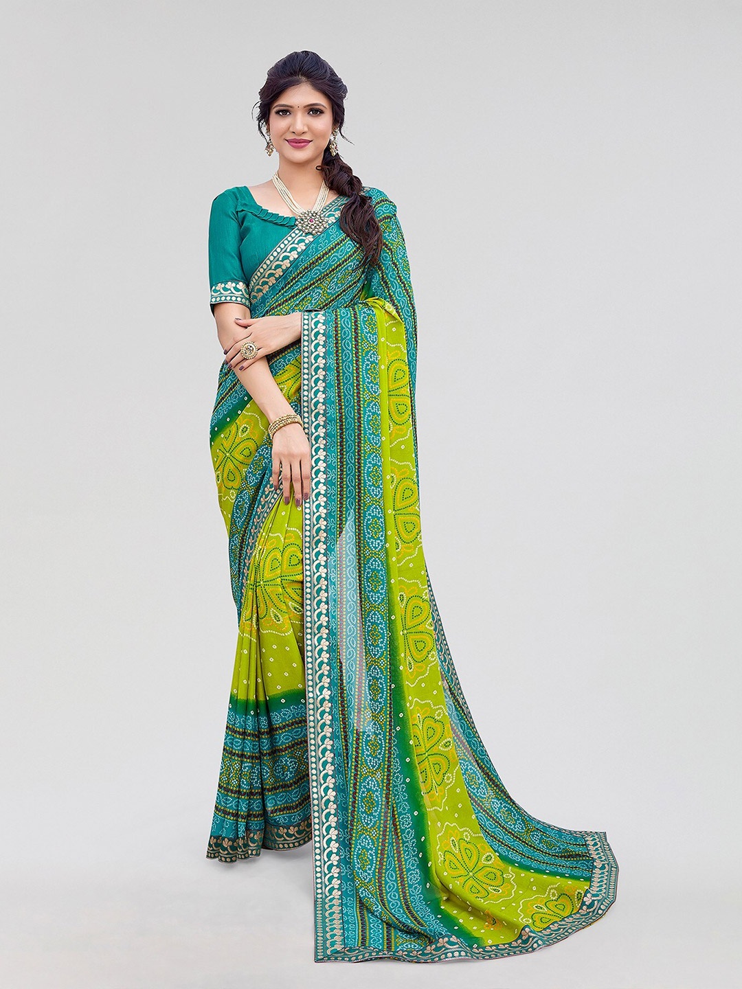 

Yashika Bandhani Printed Saree, Teal