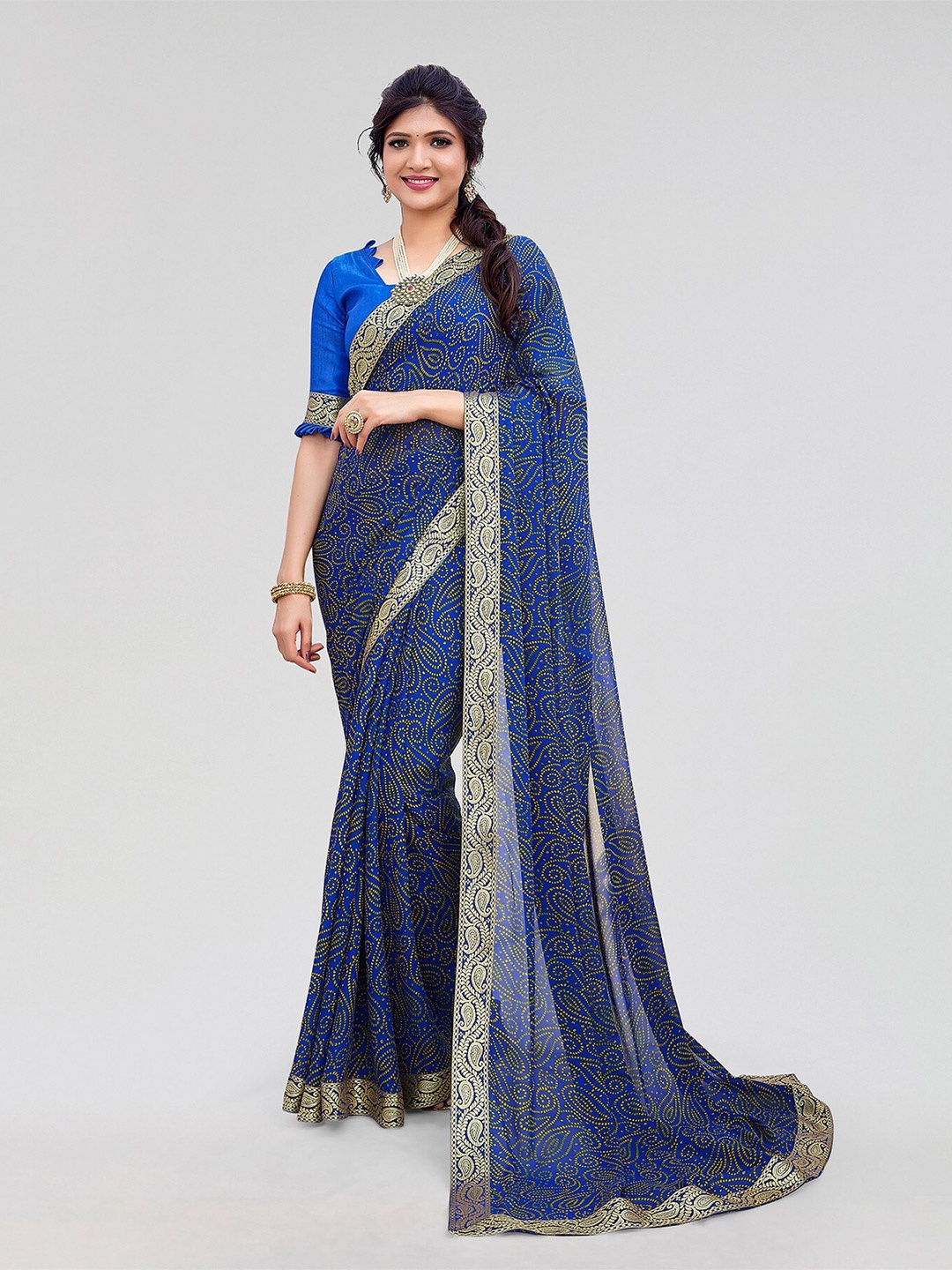 

Yashika Bandhani Printed Zari Bandhani Saree, Navy blue