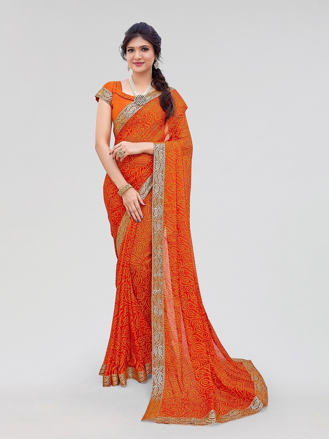 

Yashika Bandhani Printed Zari Bandhani Saree, Orange